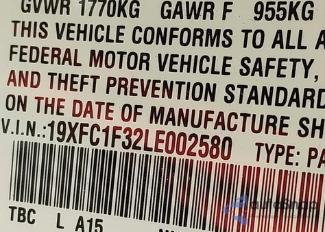 2020 Honda Civic Ex from USA, damaged, VIN 19XFC1F32LE002580